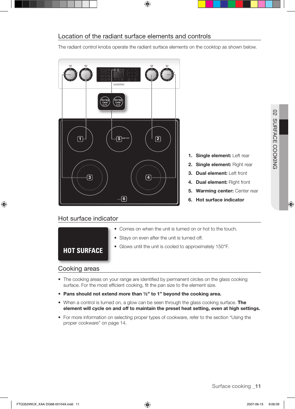 Hot surface indicator, Cooking areas | Samsung FTQ352IWUX User Manual | Page 11 / 56