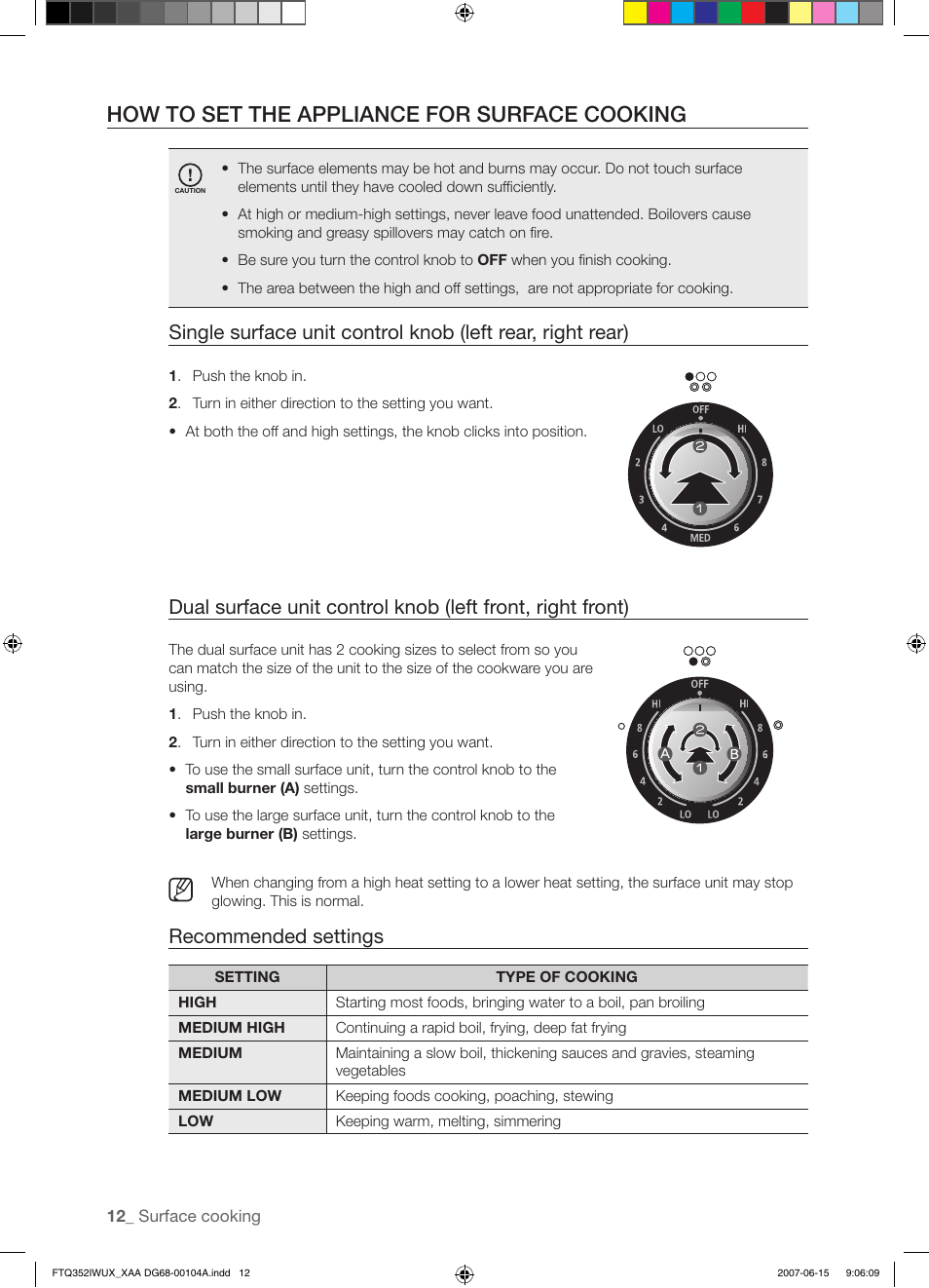 How to set the appliance for surface cooking, Recommended settings | Samsung FTQ352IWUX User Manual | Page 12 / 56
