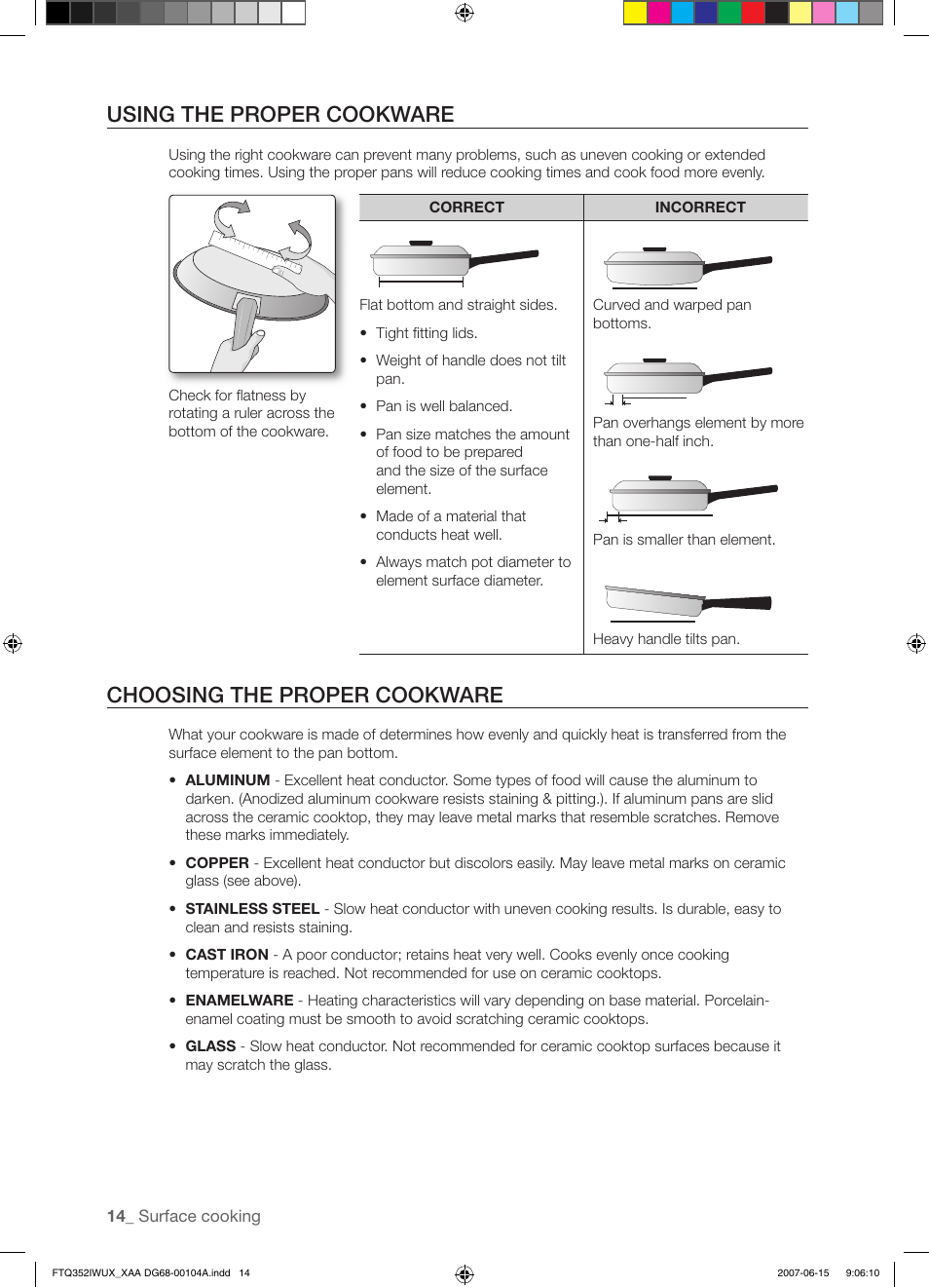 Using the proper cookware, Choosing the proper cookware | Samsung FTQ352IWUX User Manual | Page 14 / 56
