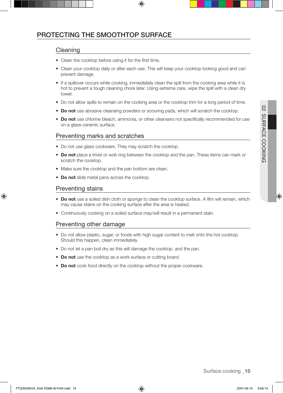 Protecting the smoothtop surface, Cleaning, Preventing marks and scratches | Preventing stains, Preventing other damage | Samsung FTQ352IWUX User Manual | Page 15 / 56