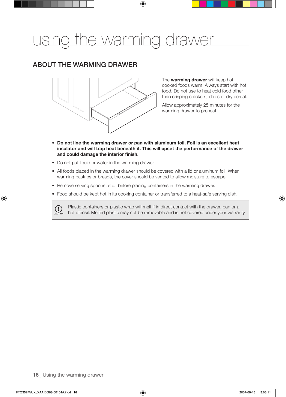 Using the warming drawer, About the warming drawer | Samsung FTQ352IWUX User Manual | Page 16 / 56