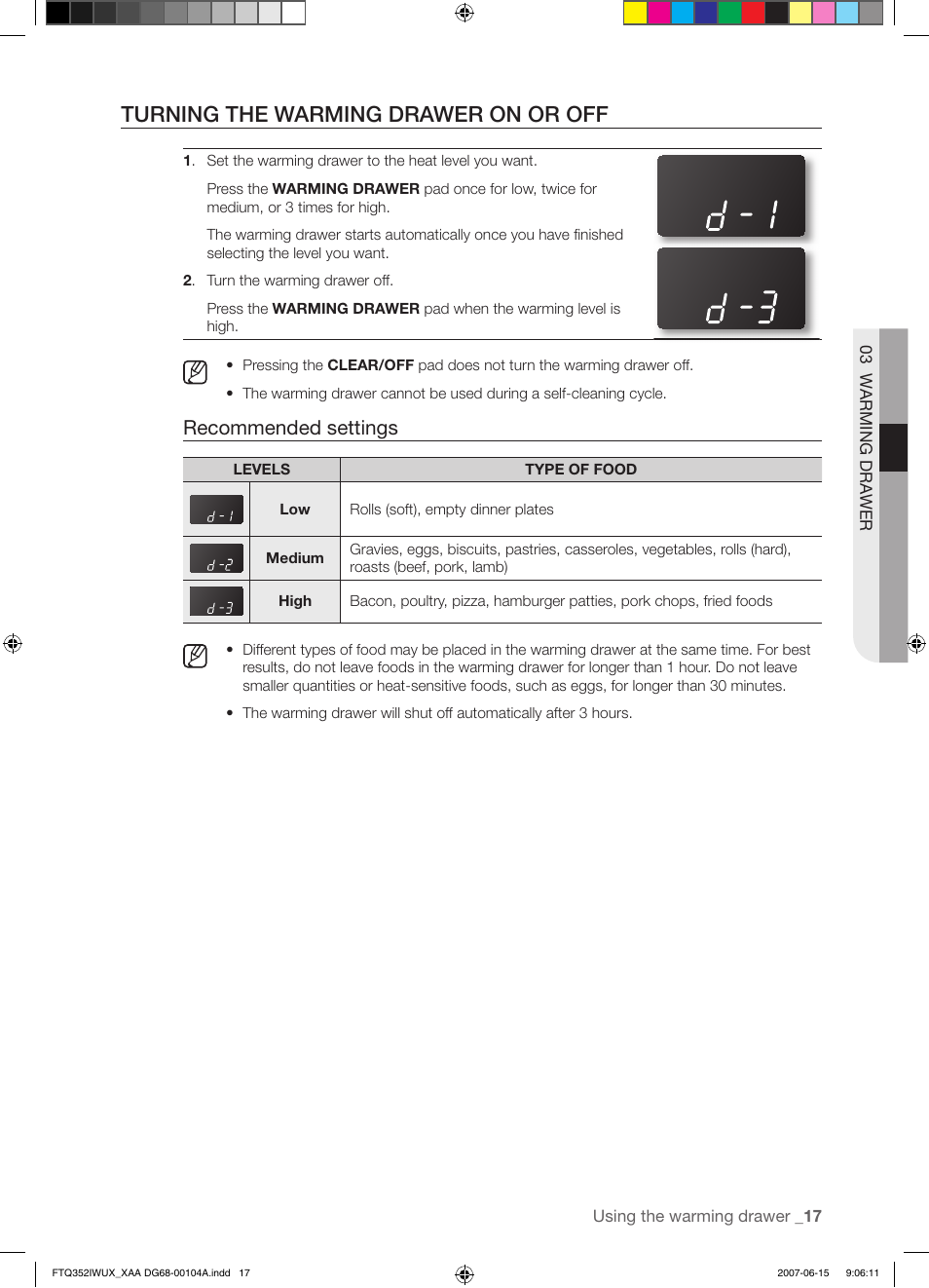 Turning the warming drawer on or off, Recommended settings | Samsung FTQ352IWUX User Manual | Page 17 / 56