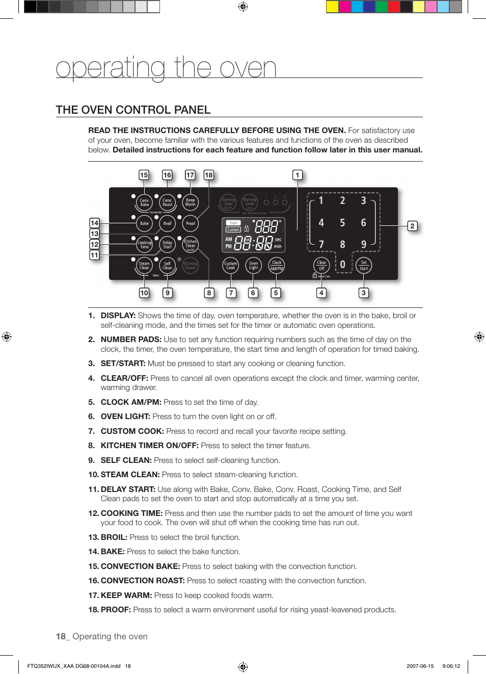 Operating the oven, The oven control panel | Samsung FTQ352IWUX User Manual | Page 18 / 56