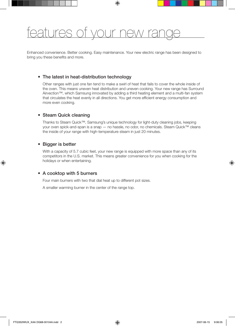 Features of your new range | Samsung FTQ352IWUX User Manual | Page 2 / 56