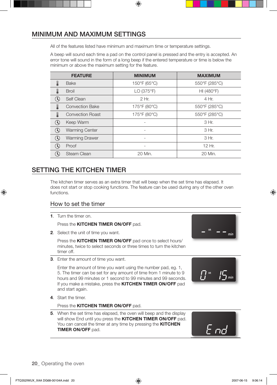 Minimum and maximum settings, Setting the kitchen timer, How to set the timer | Samsung FTQ352IWUX User Manual | Page 20 / 56