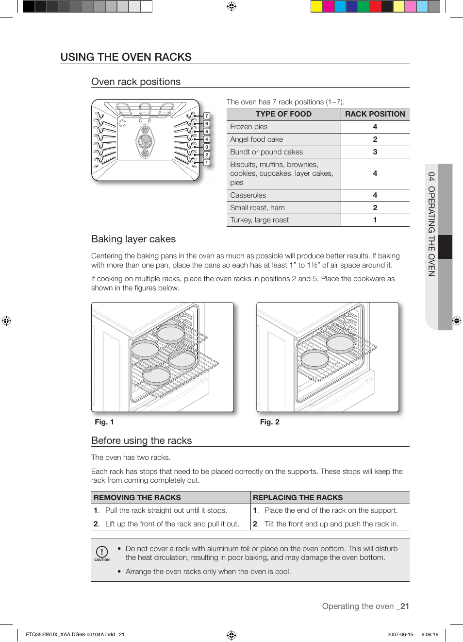 Using the oven racks, Oven rack positions, Baking layer cakes | Before using the racks | Samsung FTQ352IWUX User Manual | Page 21 / 56