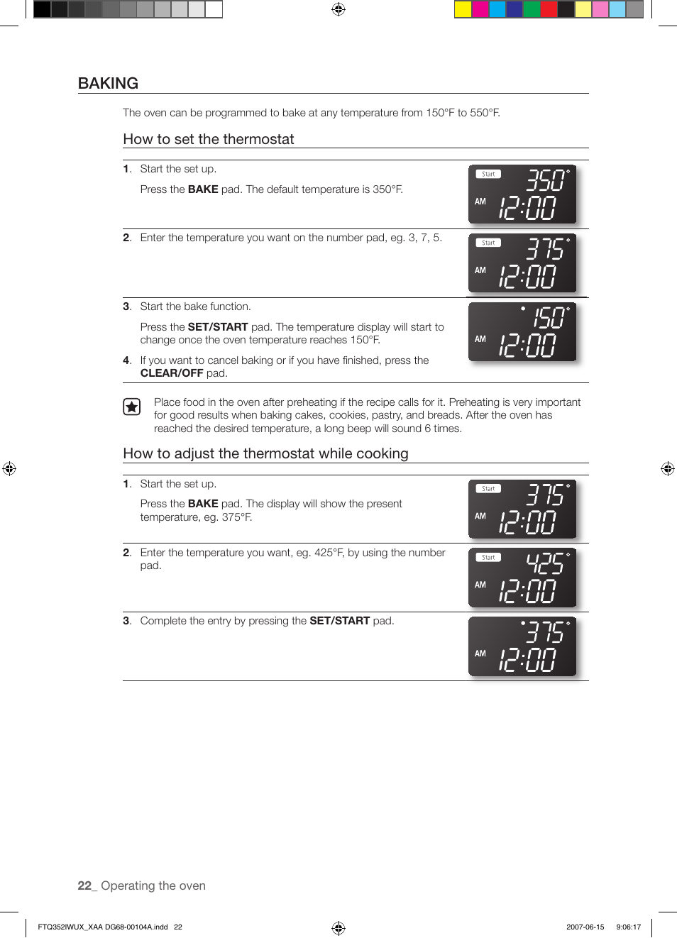 Baking, How to set the thermostat, How to adjust the thermostat while cooking | Samsung FTQ352IWUX User Manual | Page 22 / 56