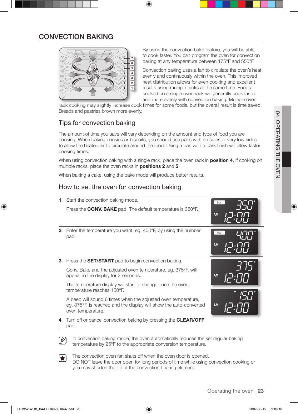 Convection baking, Tips for convection baking, How to set the oven for convection baking | Samsung FTQ352IWUX User Manual | Page 23 / 56