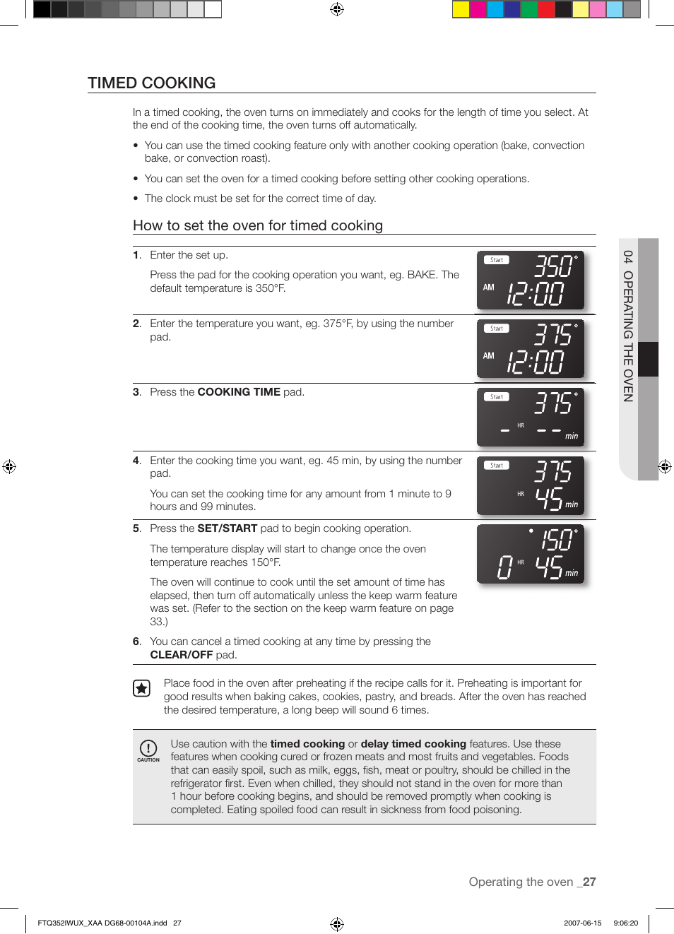 Timed cooking, How to set the oven for timed cooking | Samsung FTQ352IWUX User Manual | Page 27 / 56