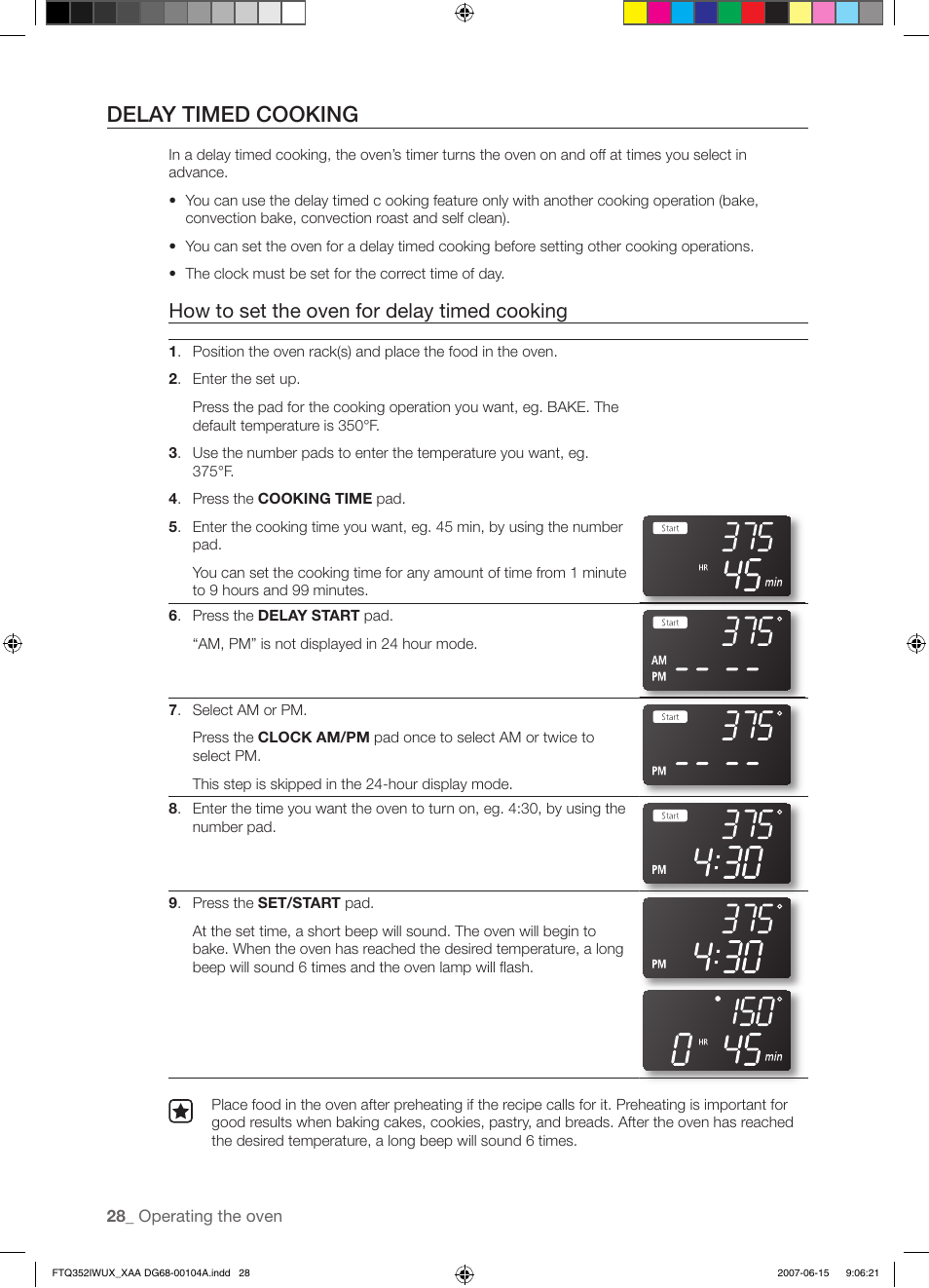 Delay timed cooking, How to set the oven for delay timed cooking | Samsung FTQ352IWUX User Manual | Page 28 / 56