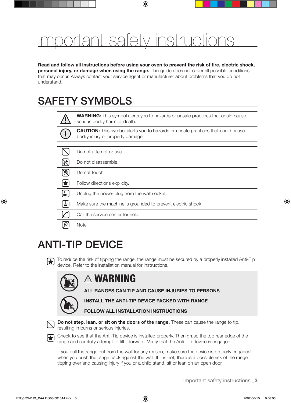 Important safety instructions, Safety symbols, Anti-tip device | Warning | Samsung FTQ352IWUX User Manual | Page 3 / 56