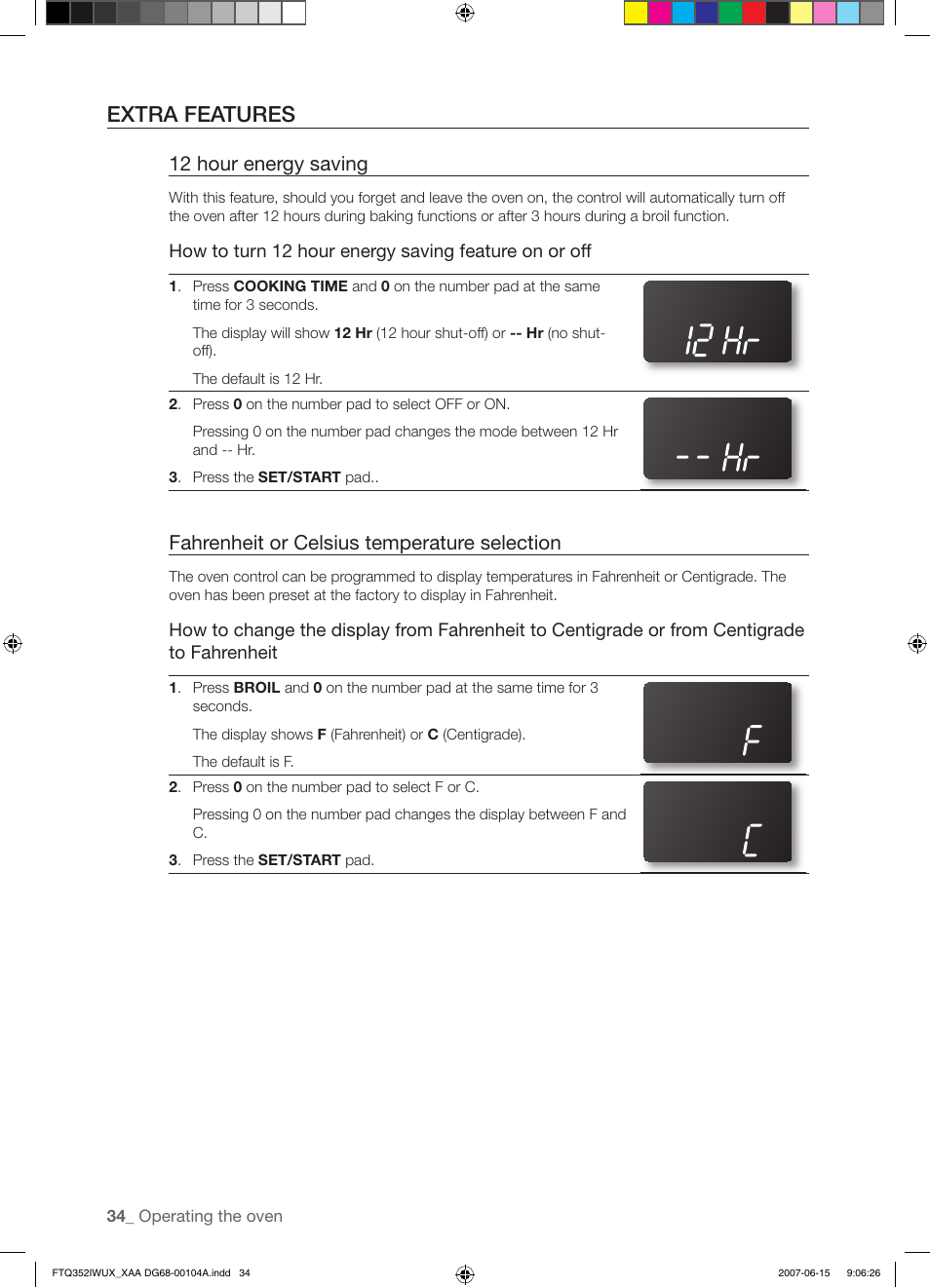 Extra features, 12 hour energy saving, Fahrenheit or celsius temperature selection | Samsung FTQ352IWUX User Manual | Page 34 / 56