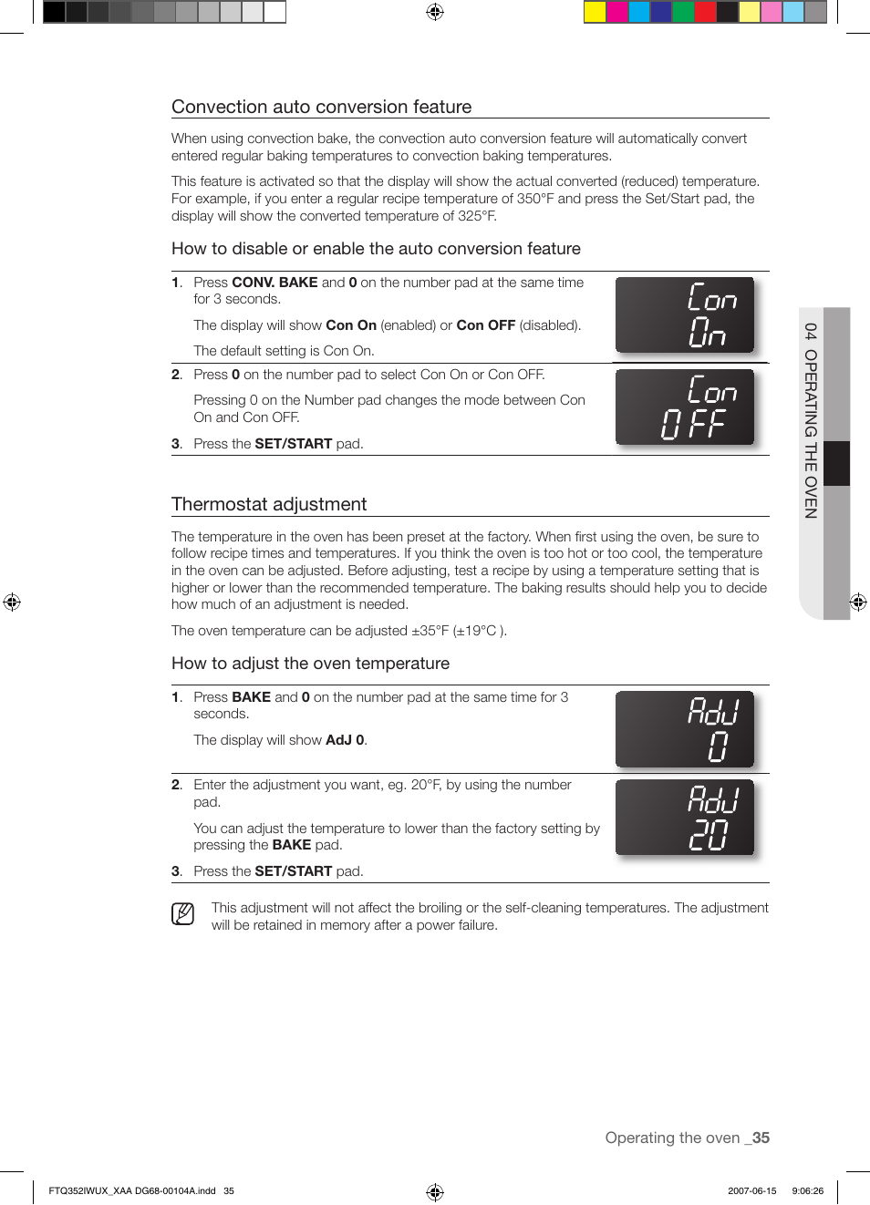 Convection auto conversion feature, Thermostat adjustment, How to adjust the oven temperature | Samsung FTQ352IWUX User Manual | Page 35 / 56