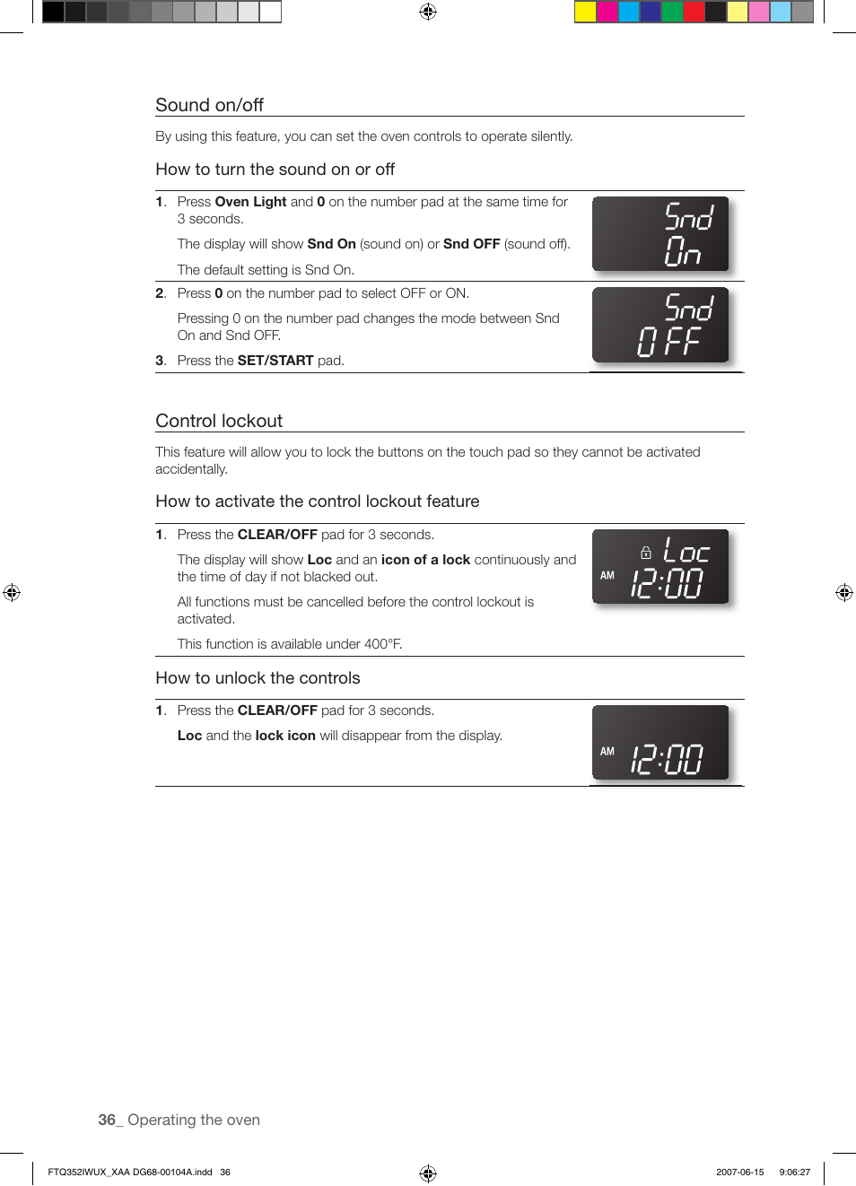 Sound on/off, Control lockout, How to turn the sound on or off | How to activate the control lockout feature, How to unlock the controls | Samsung FTQ352IWUX User Manual | Page 36 / 56