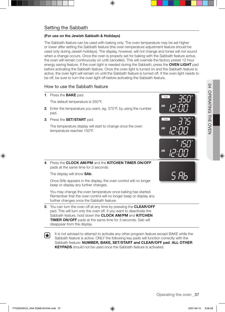 Setting the sabbath, How to use the sabbath feature | Samsung FTQ352IWUX User Manual | Page 37 / 56