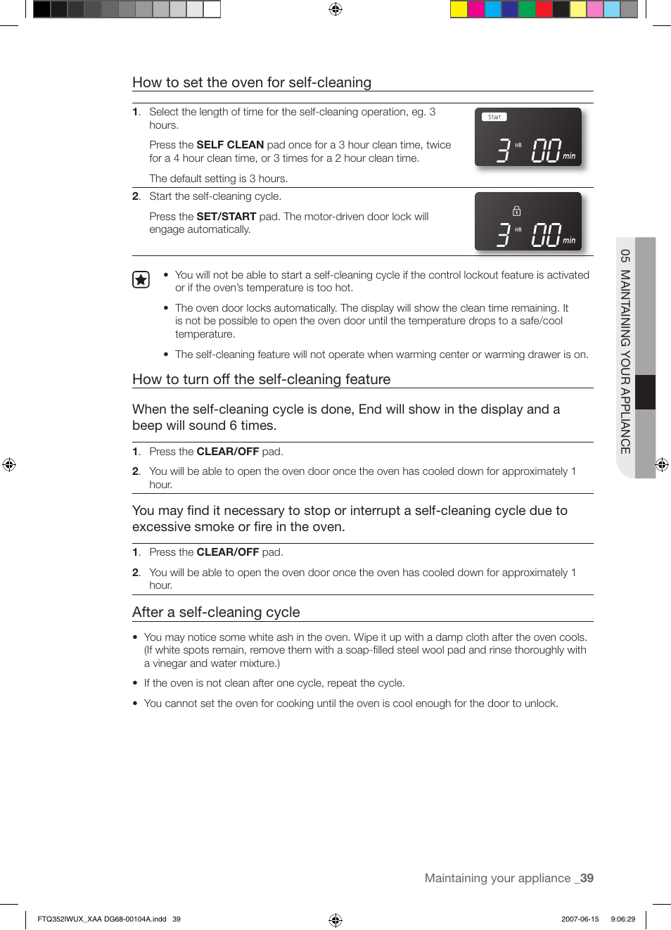 How to set the oven for self-cleaning, How to turn off the self-cleaning feature, After a self-cleaning cycle | Samsung FTQ352IWUX User Manual | Page 39 / 56