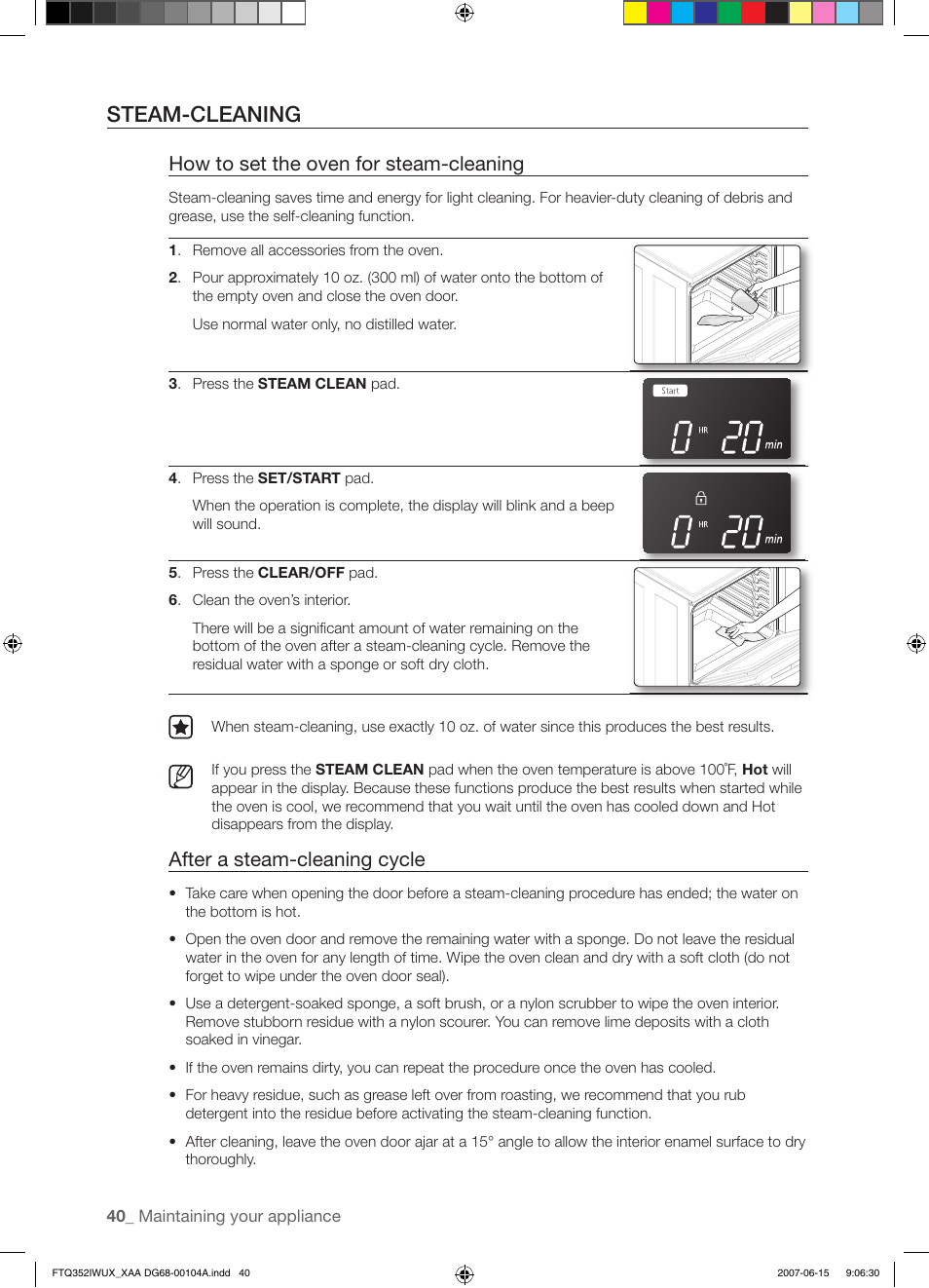 Steam-cleaning, How to set the oven for steam-cleaning, After a steam-cleaning cycle | Samsung FTQ352IWUX User Manual | Page 40 / 56