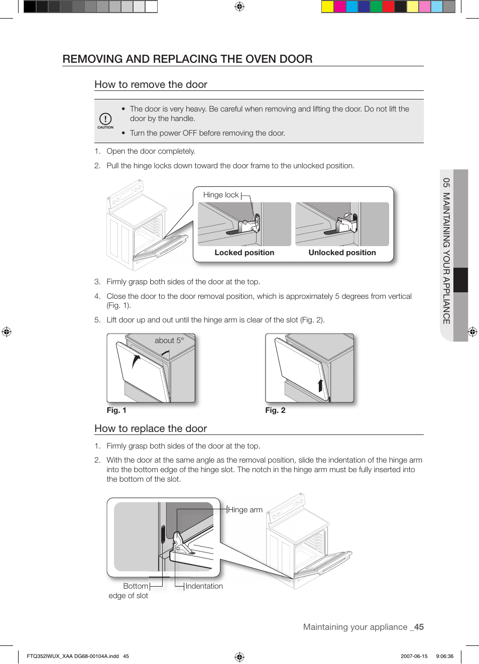 Removing and replacing the oven door, How to remove the door, How to replace the door | Samsung FTQ352IWUX User Manual | Page 45 / 56