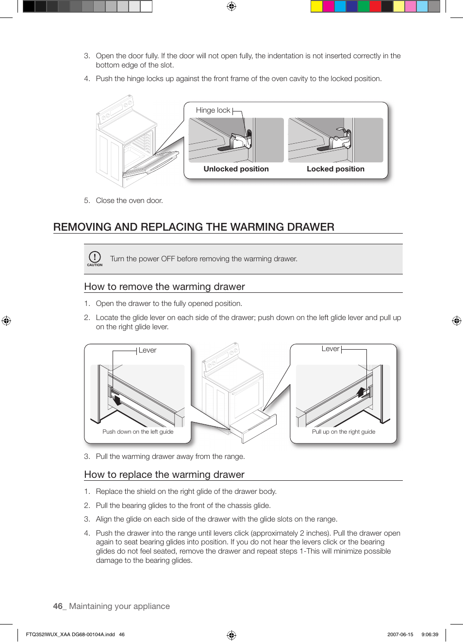 Removing and replacing the warming drawer, How to remove the warming drawer, How to replace the warming drawer | Samsung FTQ352IWUX User Manual | Page 46 / 56