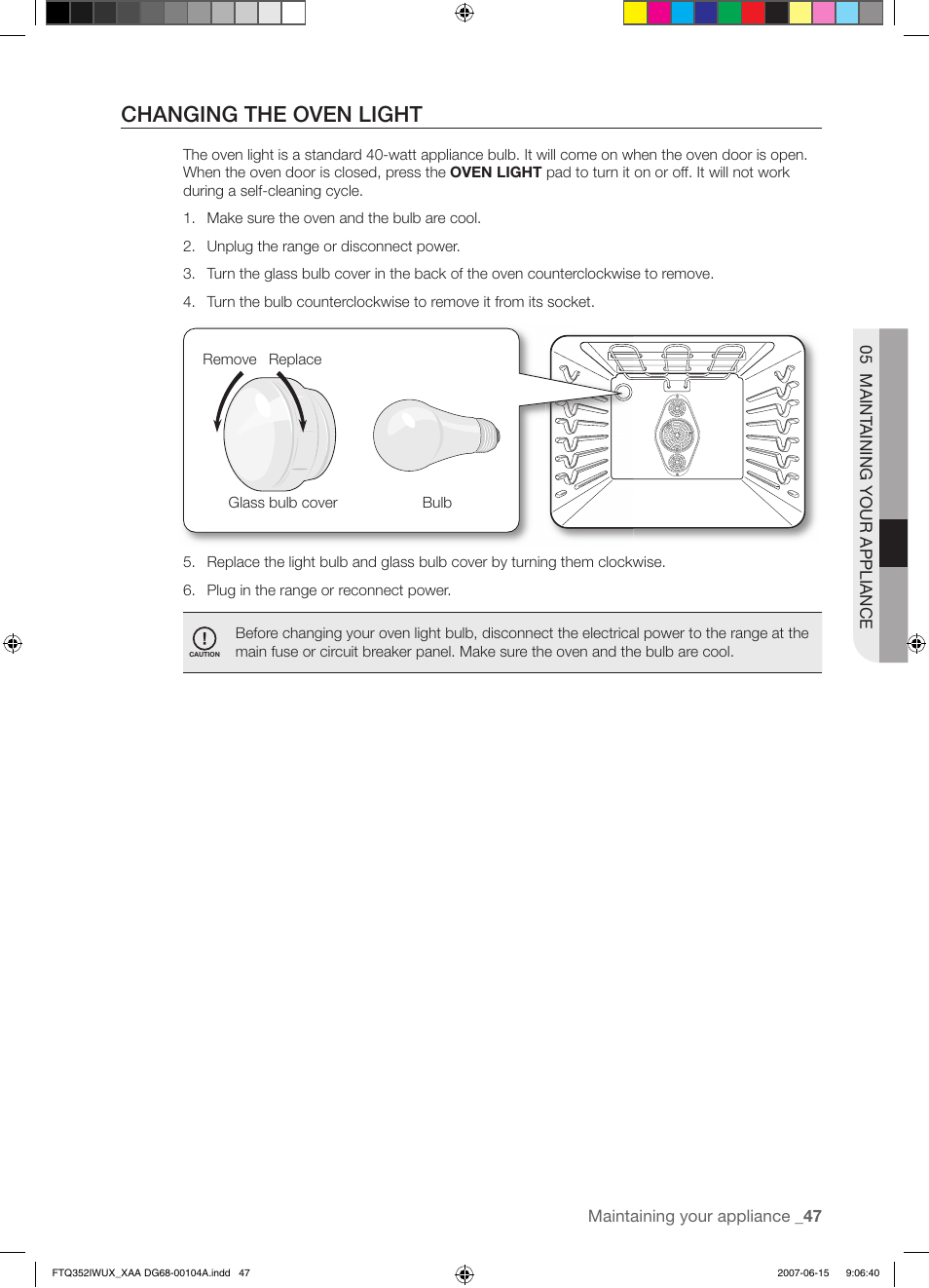 Changing the oven light | Samsung FTQ352IWUX User Manual | Page 47 / 56