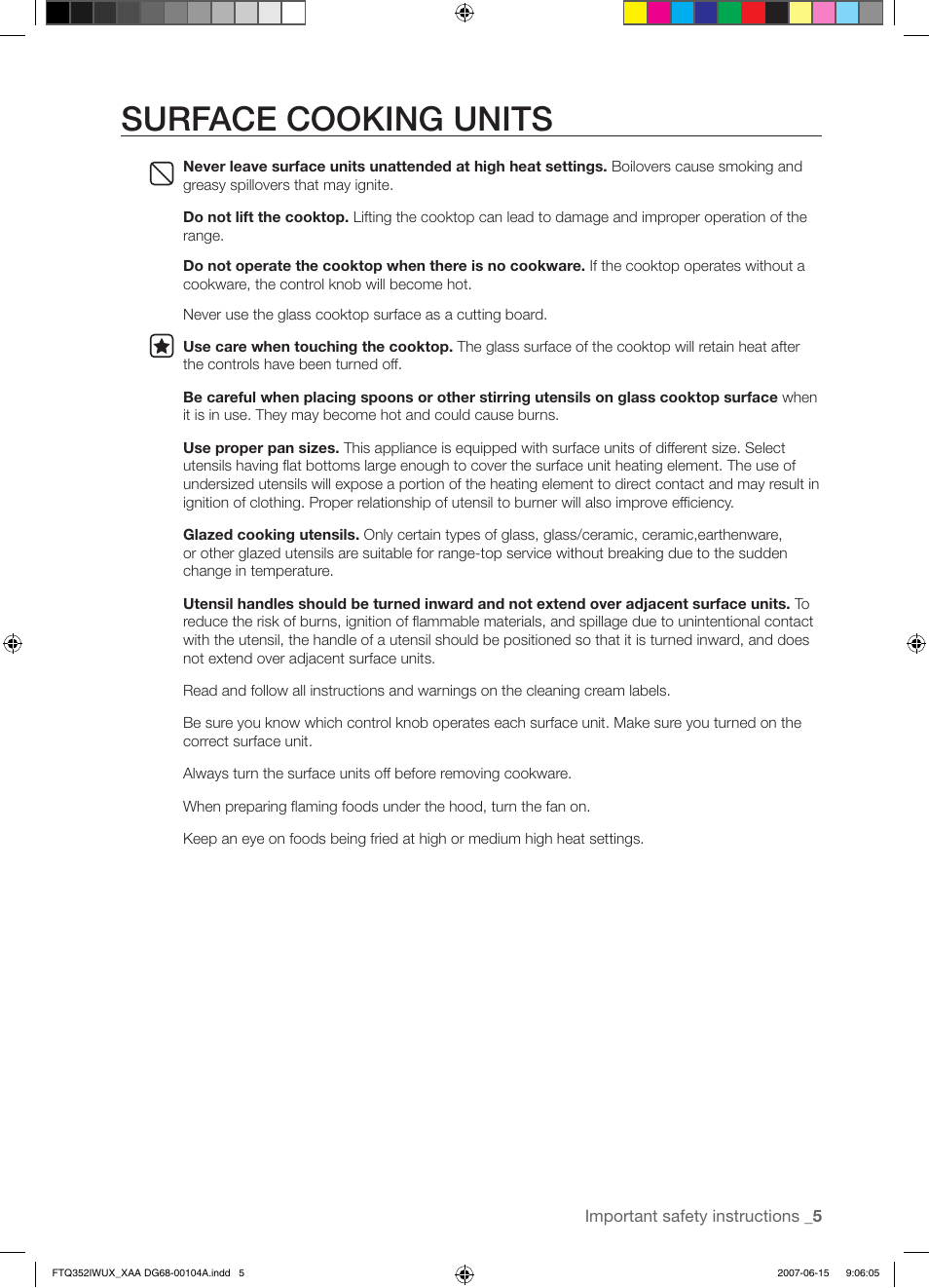 Surface cooking units | Samsung FTQ352IWUX User Manual | Page 5 / 56
