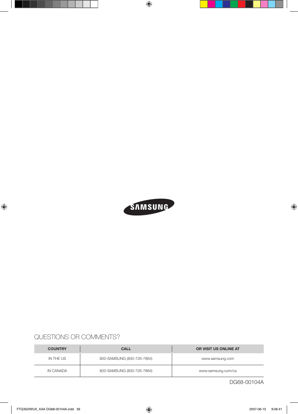 Questions or comments | Samsung FTQ352IWUX User Manual | Page 56 / 56