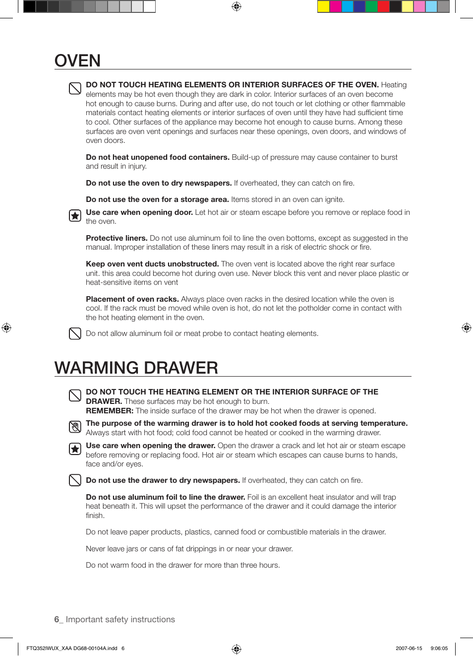 Oven, Warming drawer | Samsung FTQ352IWUX User Manual | Page 6 / 56
