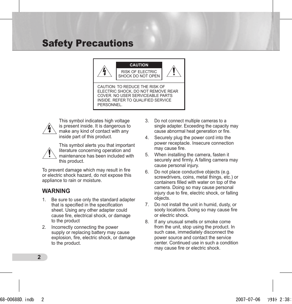 Safety precautions, Warning | Samsung SCC-5395 User Manual | Page 2 / 22