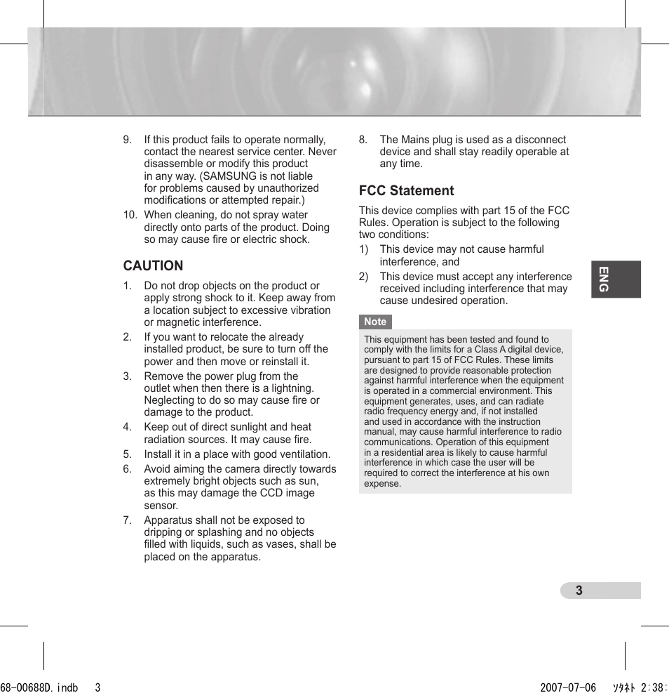 Caution, Fcc statement | Samsung SCC-5395 User Manual | Page 3 / 22