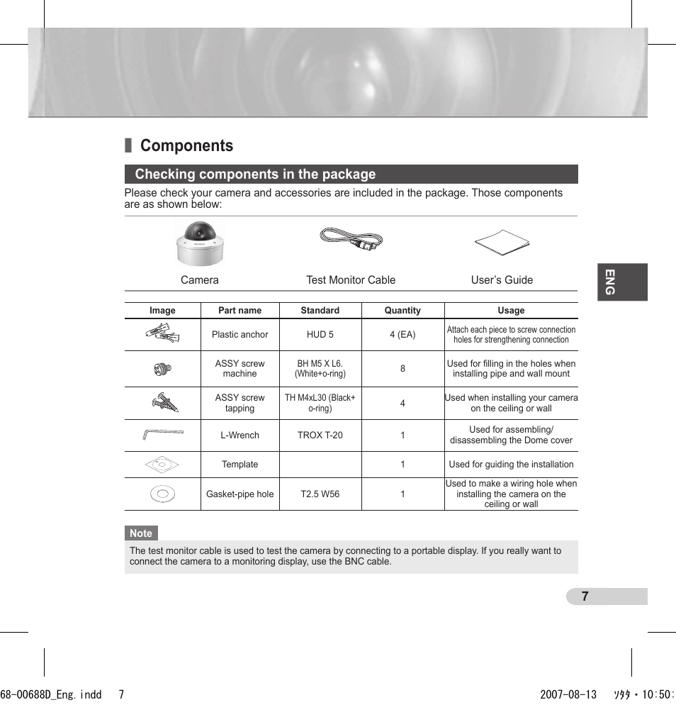 Components, Checking components in the package | Samsung SCC-5395 User Manual | Page 7 / 22