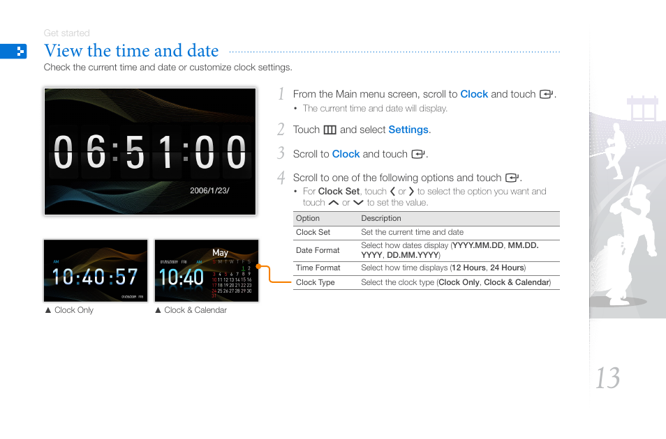 View the time and date, Ent time and date (p. 13) | Samsung 800P User Manual | Page 13 / 53