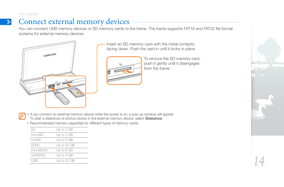 Connect external memory devices | Samsung 800P User Manual | Page 14 / 53