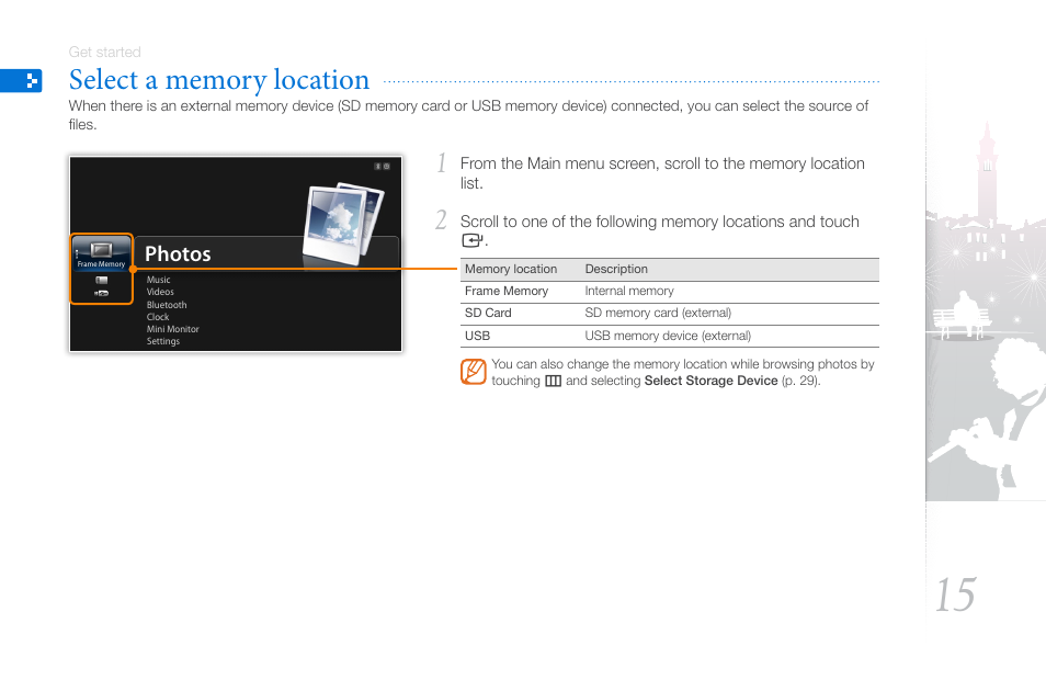 Select a memory location, Photos | Samsung 800P User Manual | Page 15 / 53