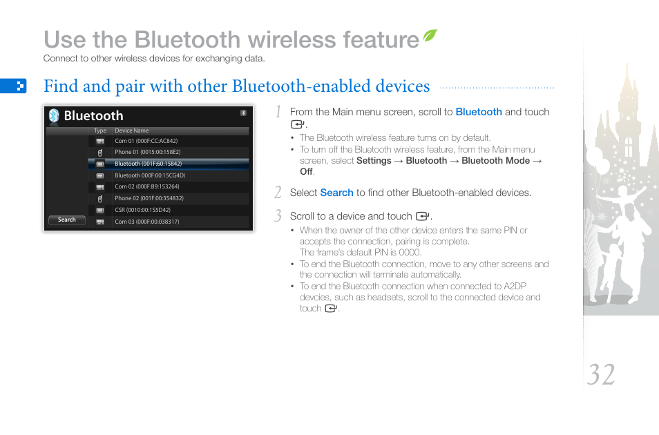 Use the bluetooth wireless feature, Find and pair with other bluetooth-enabled devices, Eless devices (p. 32) | Bluetooth | Samsung 800P User Manual | Page 32 / 53