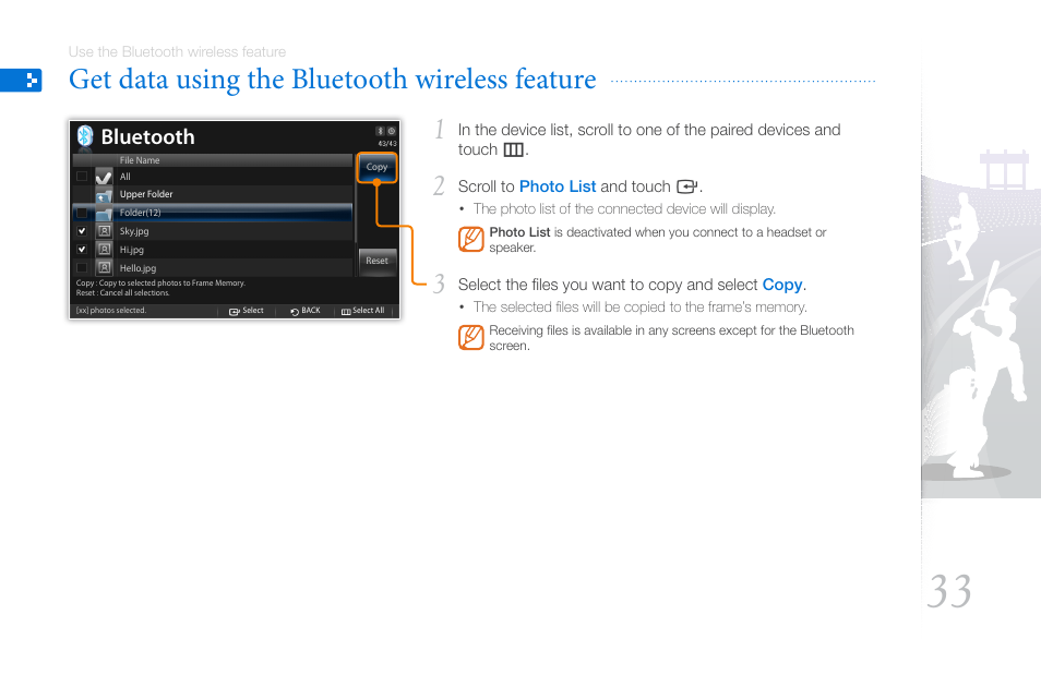 Get data using the bluetooth wireless feature, Bluetooth | Samsung 800P User Manual | Page 33 / 53