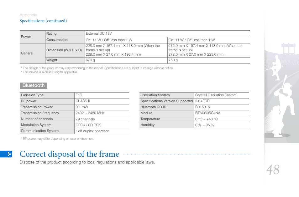 Correct disposal of the frame | Samsung 800P User Manual | Page 48 / 53