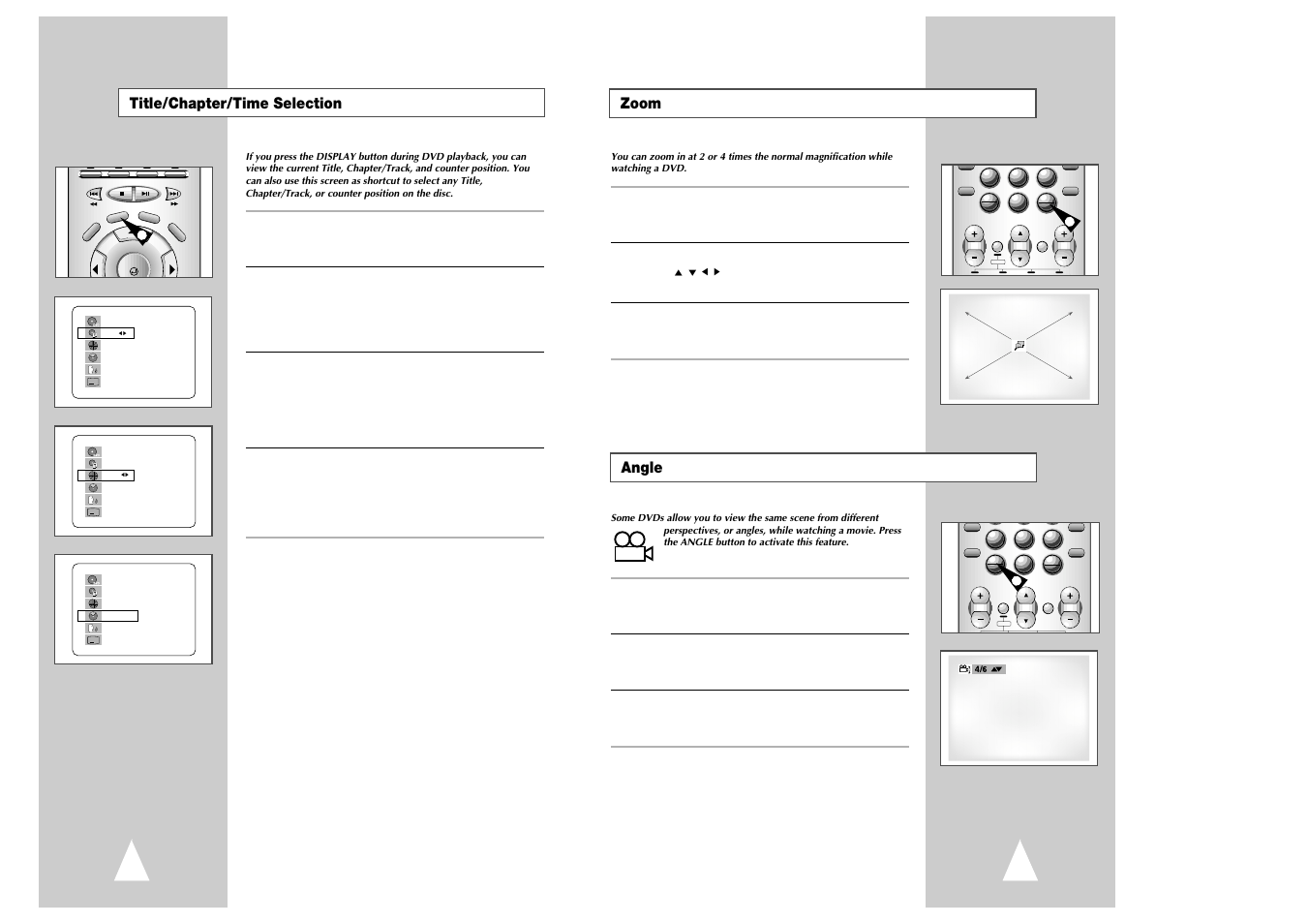 Zoom, Angle, Title/chapter/time selection | Samsung Ch@t CHT-350 User Manual | Page 17 / 31