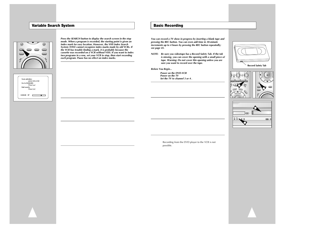 Open/close channel dvd rec s.mode s.effect, Basic recording variable search system | Samsung Ch@t CHT-350 User Manual | Page 22 / 31