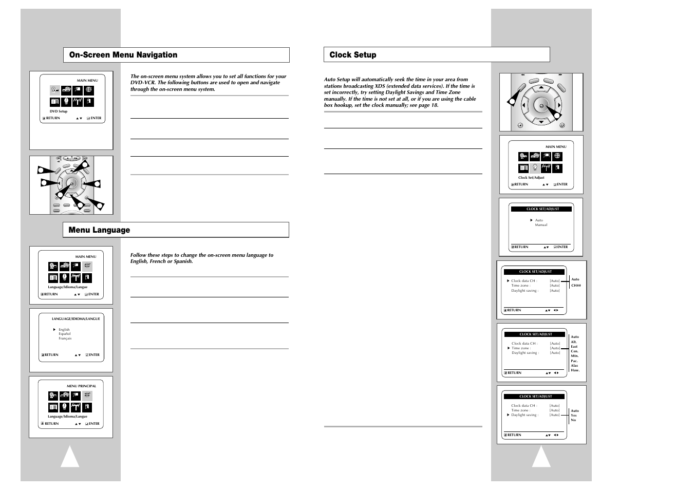 Menu language, On-screen menu navigation, Clock setup | Samsung Ch@t CHT-350 User Manual | Page 9 / 31