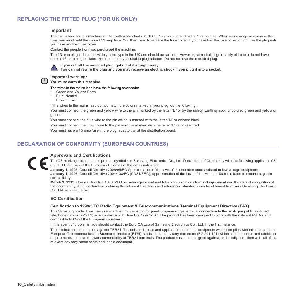 Replacing the fitted plug (for uk only), Declaration of conformity (european countries) | Samsung CLX-3170 User Manual | Page 10 / 143