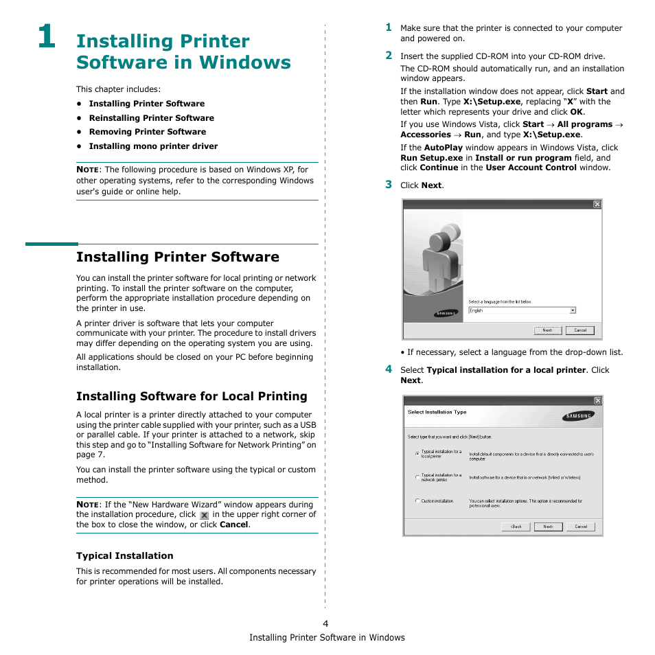Installing printer software in windows, Installing printer software, Installing software for local printing | Chapter 1 | Samsung CLX-3170 User Manual | Page 103 / 143