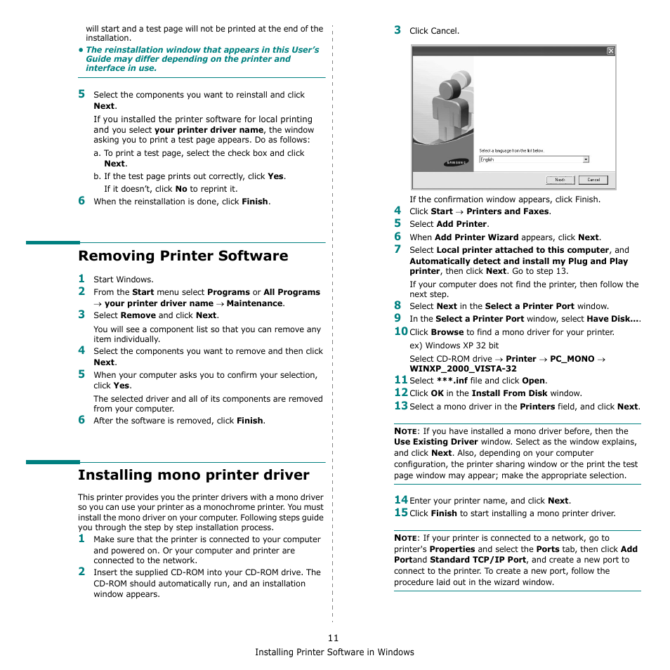 Removing printer software, Installing mono printer driver | Samsung CLX-3170 User Manual | Page 110 / 143