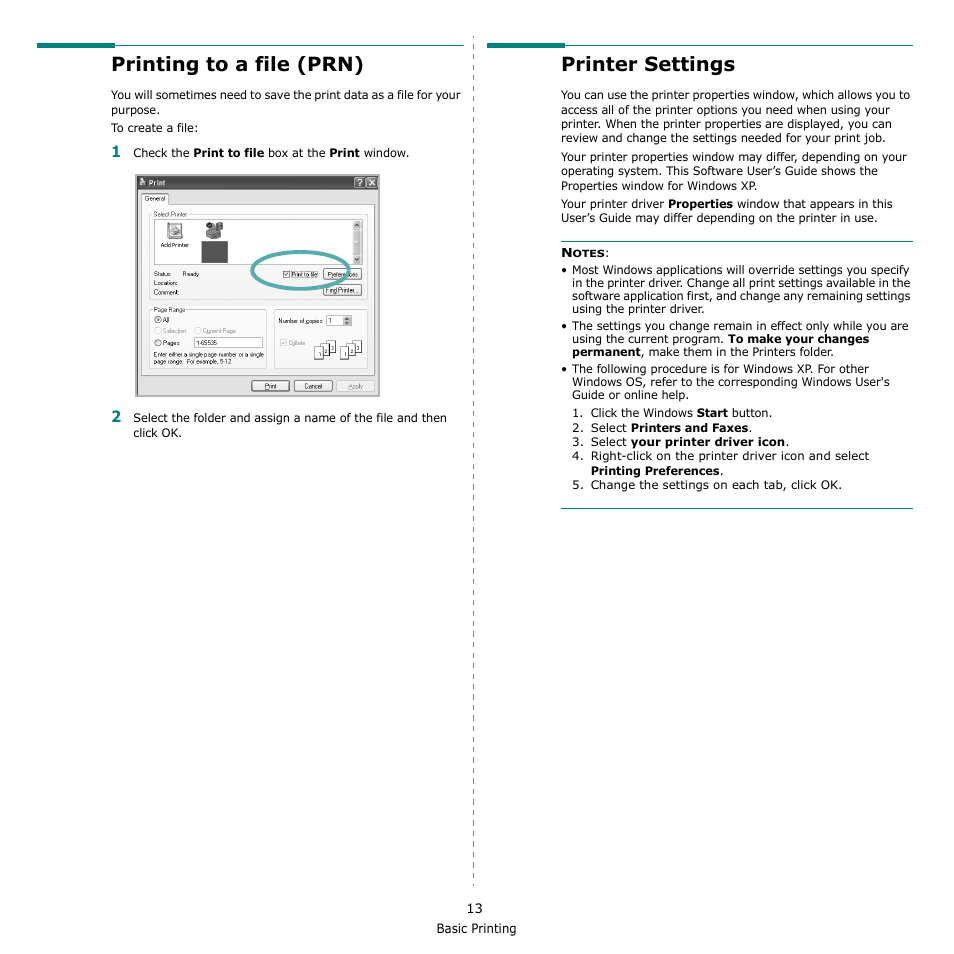 Printing to a file (prn), Printer settings, Printing to a file (prn) printer settings | Samsung CLX-3170 User Manual | Page 112 / 143