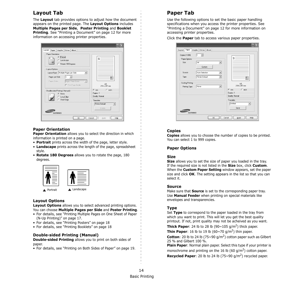 Layout tab, Paper tab, Layout tab paper tab | Layout tab - paper tab | Samsung CLX-3170 User Manual | Page 113 / 143