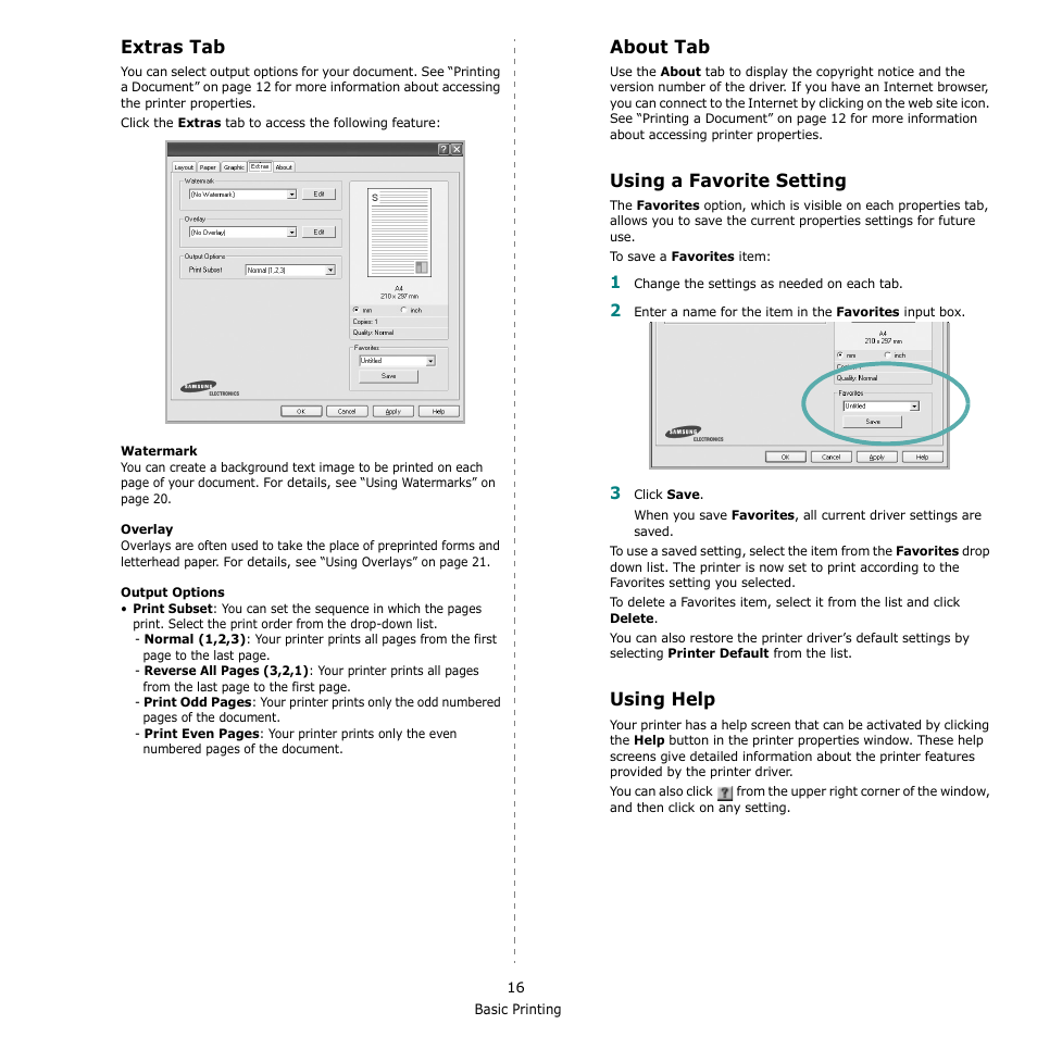 Extras tab, About tab, Using a favorite setting | Using help, Extras tab - about tab, Using a favorite setting - using help | Samsung CLX-3170 User Manual | Page 115 / 143