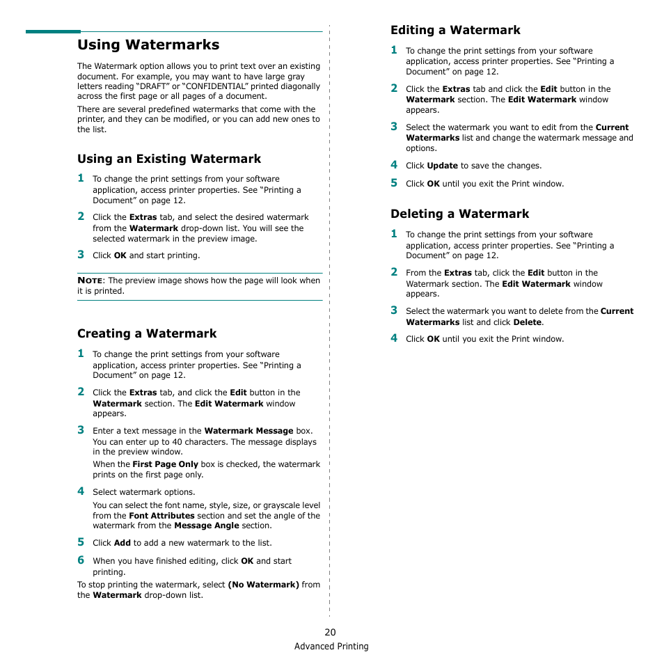 Using watermarks, Using an existing watermark, Creating a watermark | Editing a watermark, Deleting a watermark | Samsung CLX-3170 User Manual | Page 119 / 143