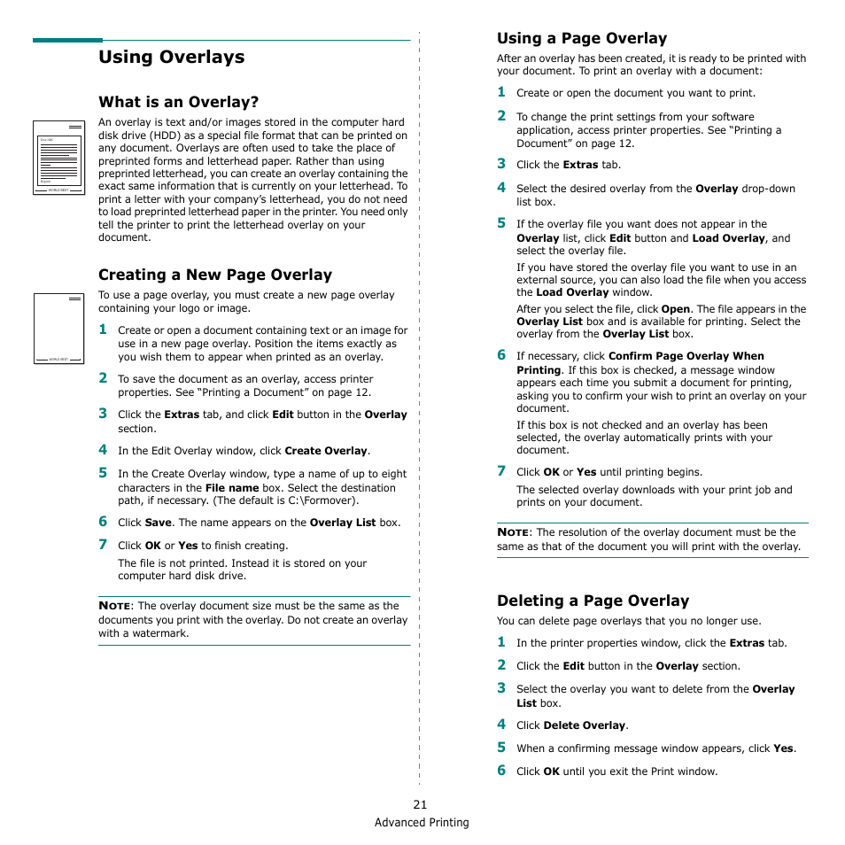 Using overlays, What is an overlay, Creating a new page overlay | Using a page overlay, Deleting a page overlay | Samsung CLX-3170 User Manual | Page 120 / 143