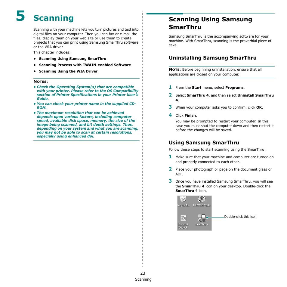 Scanning, Scanning using samsung smarthru, Uninstalling samsung smarthru | Using samsung smarthru, Chapter 5 | Samsung CLX-3170 User Manual | Page 122 / 143