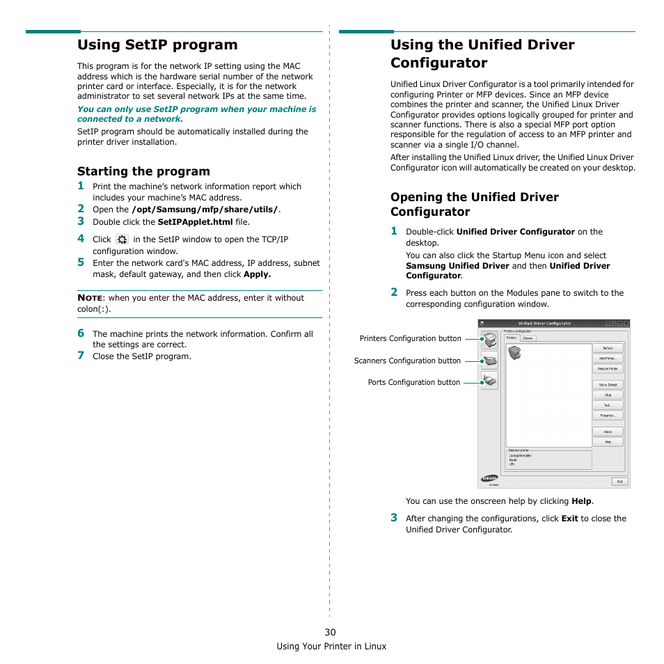 Using setip program, Starting the program, Using the unified driver configurator | Opening the unified driver configurator | Samsung CLX-3170 User Manual | Page 129 / 143
