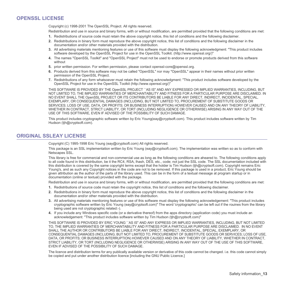 Openssl license, Original ssleay license | Samsung CLX-3170 User Manual | Page 13 / 143